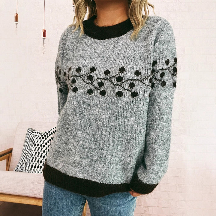 Damen modischer Strickpullover mit handgewebtem Blumenmuster Drune