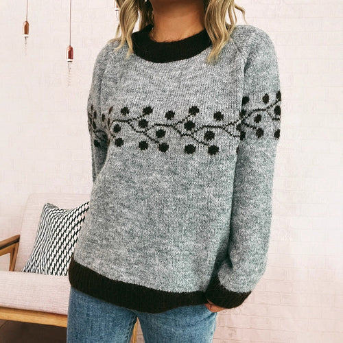 Damen modischer Strickpullover mit handgewebtem Blumenmuster Drune