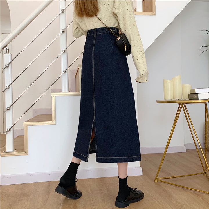 Damen Denim-Midi-Rock mit hoher Taille Drune