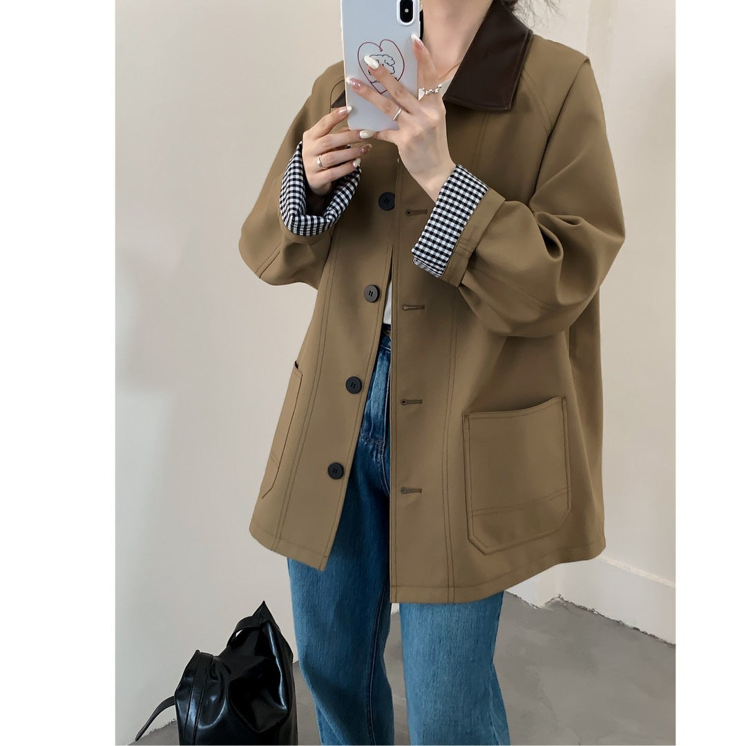 Damen Oversize Kurzjacke im Trenchstil mit Lederoptik-Kragen und karierten Umschlagmanschetten Drune