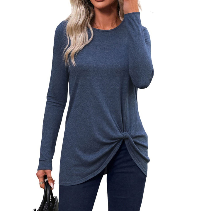 Damen langes Knotenshirt mit Rundhalsausschnitt Twist-Knoten vorne und Longline-Schnitt Drune