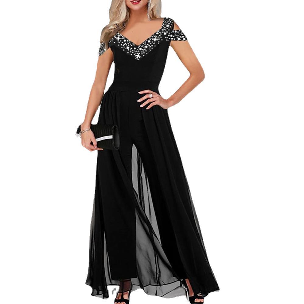 Damen eleganter Empire-Waist-Jumpsuit mit transparenter Überlagerung Drune