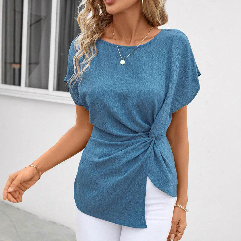 Damen nan tailliertes Kurzarm-Drapéshirt mit seitlicher Knotenschlinge und strukturierter Crêpeoptik Drune