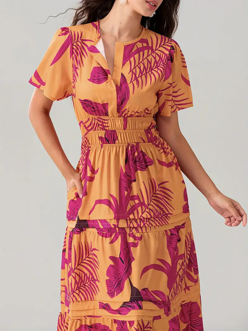 Damen Langes Wickelkleid mit elastischem Taillenzug und stilvollem Muster Drune