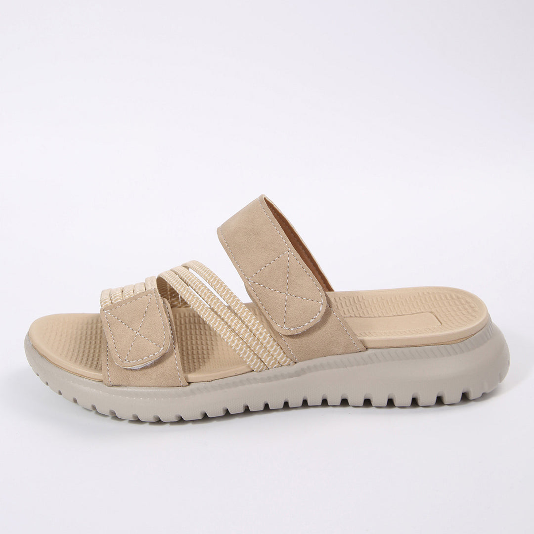 Damen Komfort-Pantolette mit verstellbaren Klettriemen, elastischen Zierbändern und stoßdämpfender Profilsohle Drune