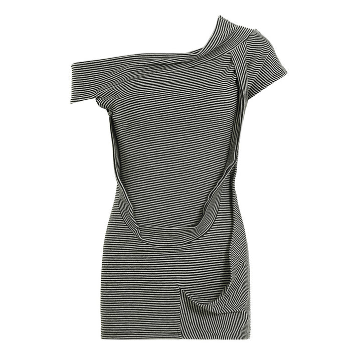 Damen asymmetrisches Kurzarm-Oberteil mit Streifenmuster und innovativem Design Drune