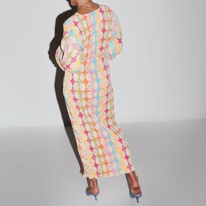 Damen Maxikleid mit modernen geometrischen Mustern und voluminösen Ärmeln Drune