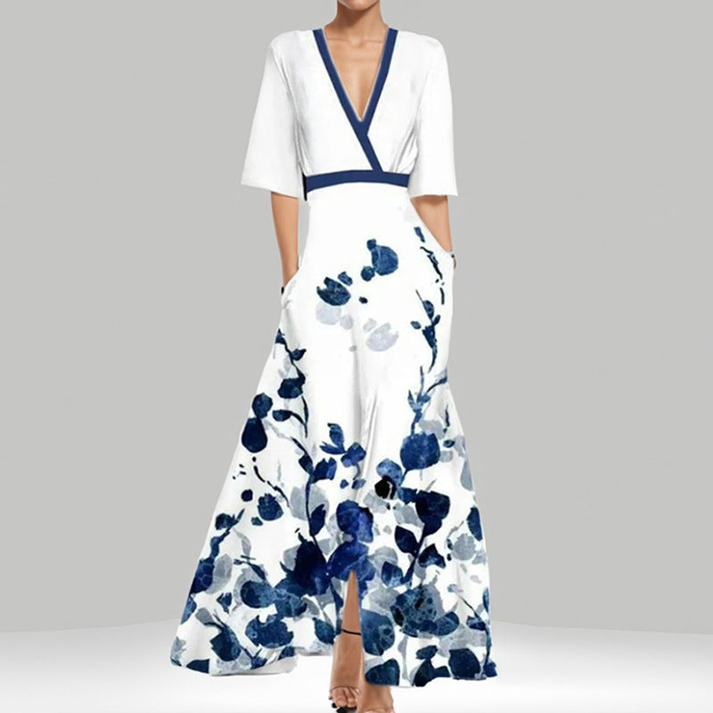 Damen Maxikleid mit Wickeloberteil, Taillengürtel und fließendem Satinrock Drune