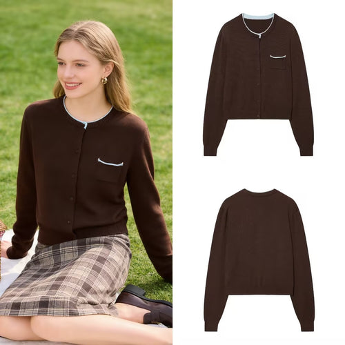 Damen Kurz geschnittene Strickjacke mit Kontrastbesatz und aufgesetzter Brusttasche Drune