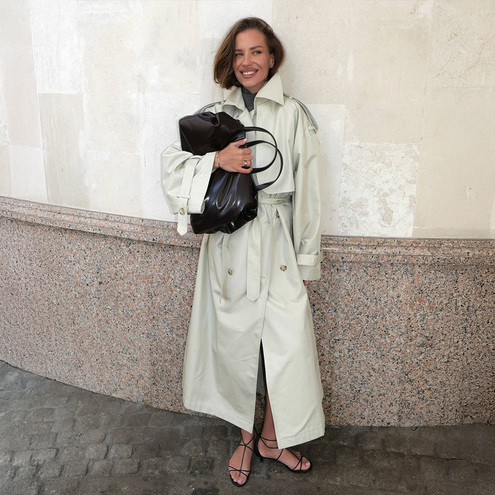 Damen Modischer Trenchcoat mit breitem Gürtel und weiten Ärmeln Drune