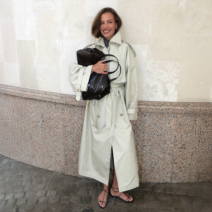 Damen Modischer Trenchcoat mit breitem Gürtel und weiten Ärmeln Drune