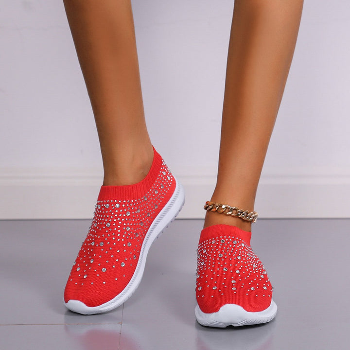 Damen nan gestrickter Slip-On Sneaker mit Strassbesatz, elastischem Schaft und stoßdämpfender EVA-Sohle Drune