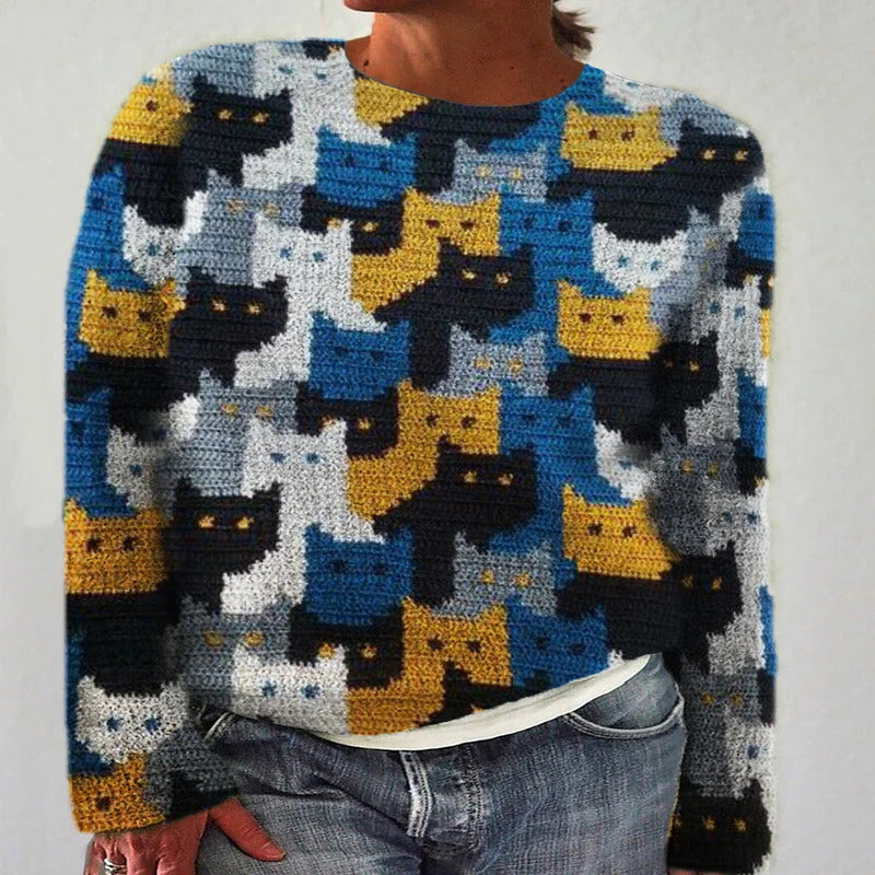 Damen Strickpullover mit verspieltem Katzenmuster Drune