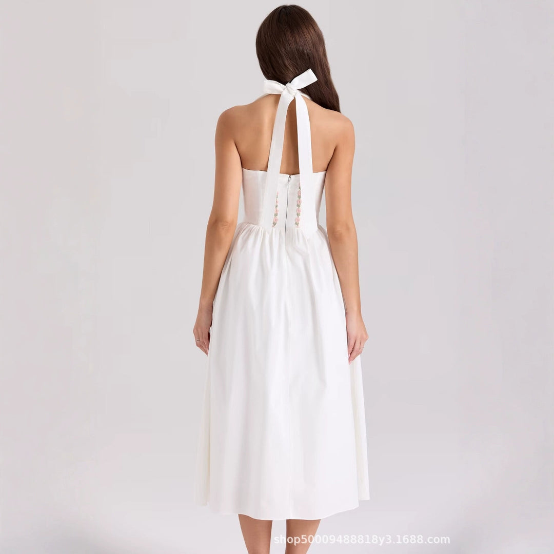 Damen Sommerkleid mit verstellbaren Trägern und floralen Applikationen Drune