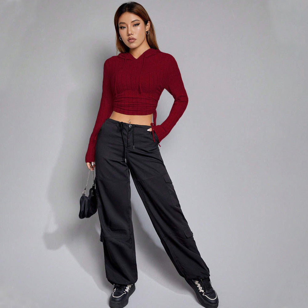 Damen geripptes Crop-Hoodie mit Tunnelzugseitennähten, figurbetonter Silhouette und langen Ärmeln Drune