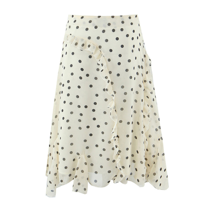 Damen Gepunkteter Chiffon-Volant‑Midirock mit Wickeloptik und asymmetrischem Saum Drune