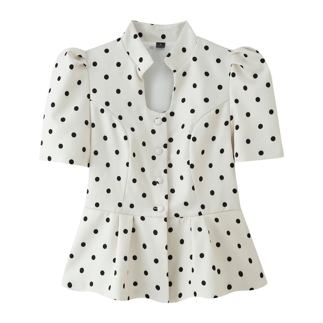 Damen Taillierte Polka‑Dot Bluse mit Stehkragen, Puffärmeln und Schößchen Drune