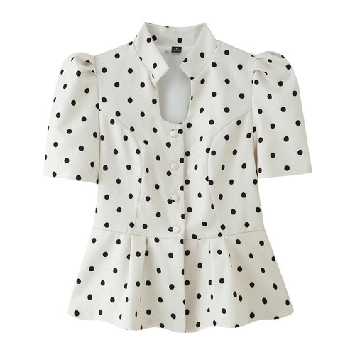 Damen Taillierte Polka‑Dot Bluse mit Stehkragen, Puffärmeln und Schößchen Drune