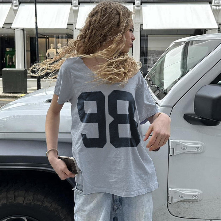 Damen lässiges V-Ausschnitt T-Shirt mit Sportmotiv Drune