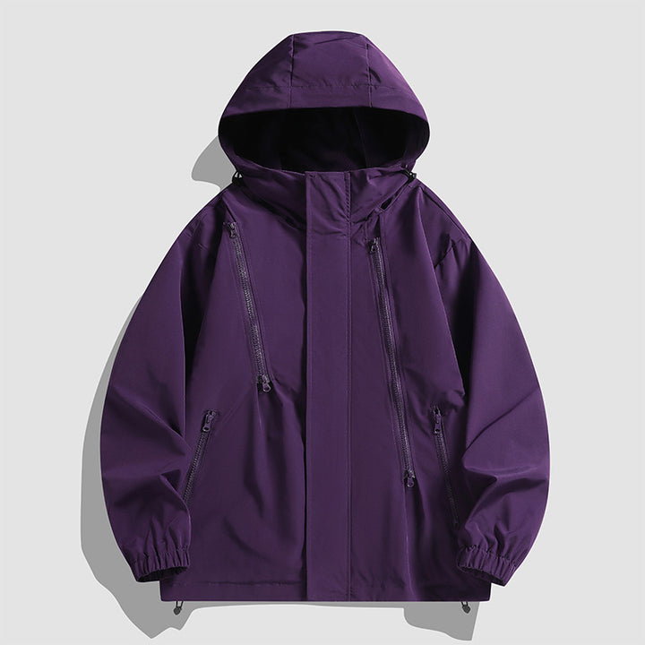 Herren wasserabweisende Kapuzenjacke mit diagonal verlaufenden Reißverschlüssen und verstellbarem Saum Drune