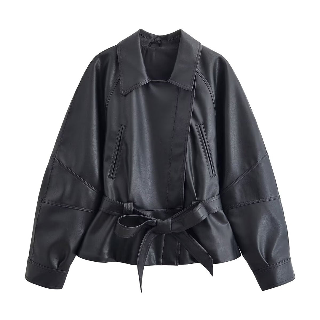 Damen Cropped-Lederoptik-Blouson mit Wickelgürtel, Oversize-Ärmeln und markanten Ziernähten Drune