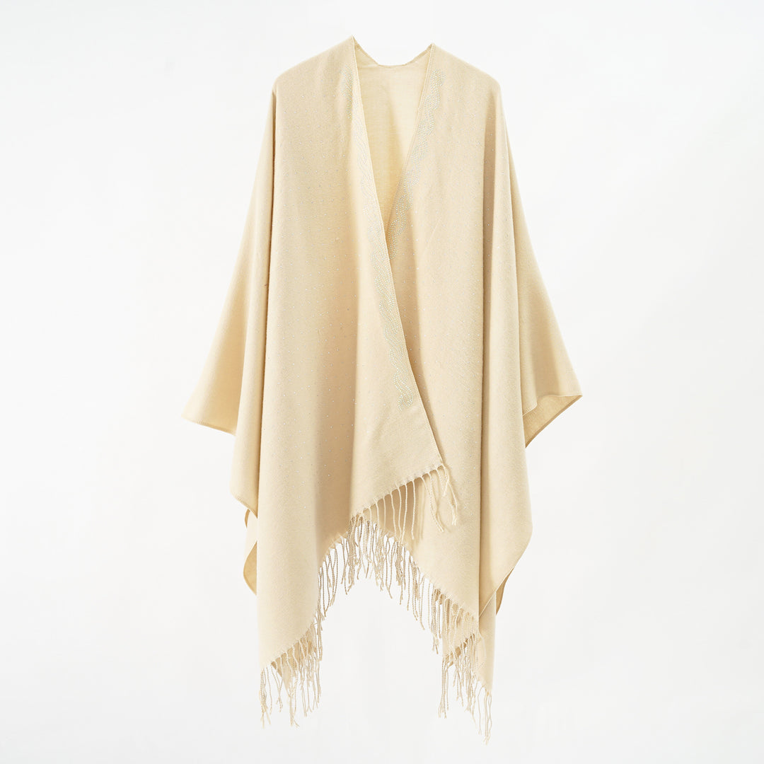 Damen Eleganter Poncho mit floralem Stickmuster und fransigen Kanten Drune