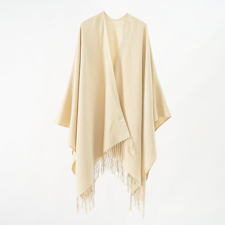 Damen Eleganter Poncho mit floralem Stickmuster und fransigen Kanten Drune