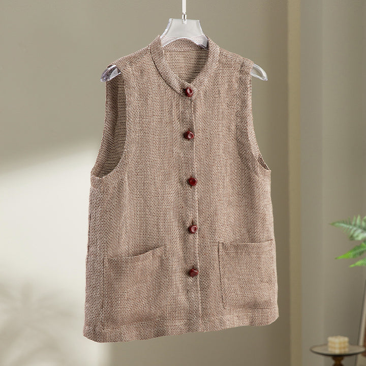 Damen Ärmellose Strickweste mit Stehkragen, Knopfleiste und aufgesetzten Taschen Drune