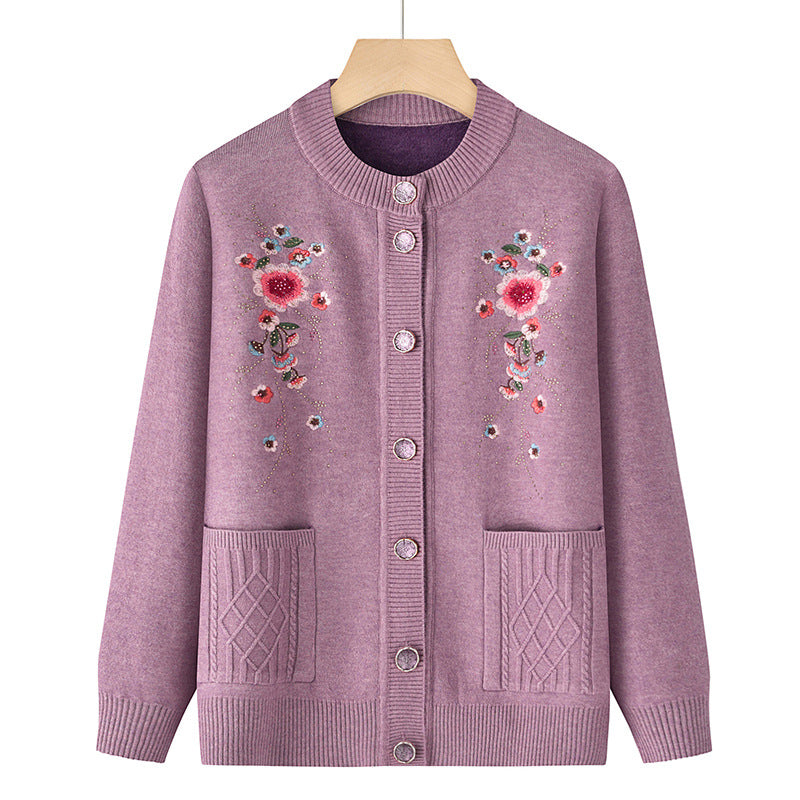 Damen nan bestickte Strickjacke mit Rundhalsausschnitt, Zierknopfleiste und aufgesetzten Taschen Drune