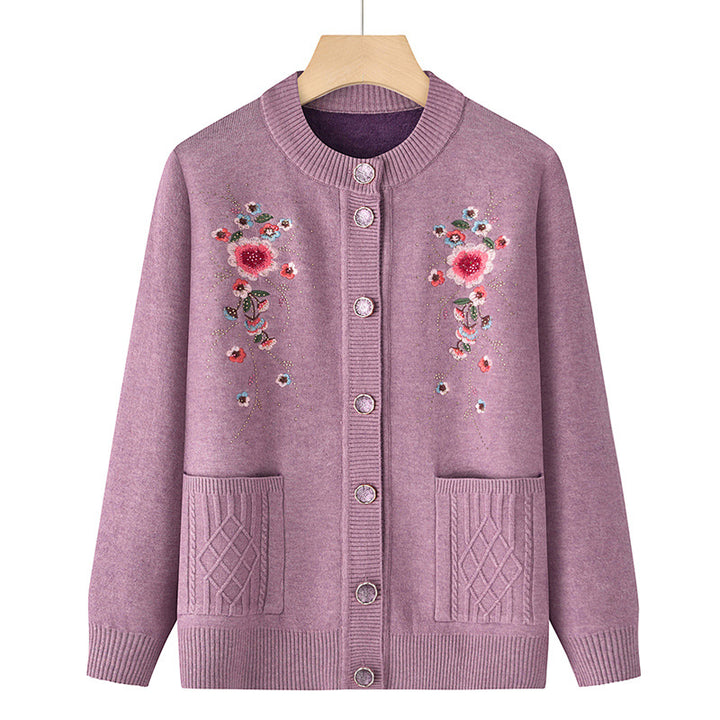 Damen nan bestickte Strickjacke mit Rundhalsausschnitt, Zierknopfleiste und aufgesetzten Taschen Drune