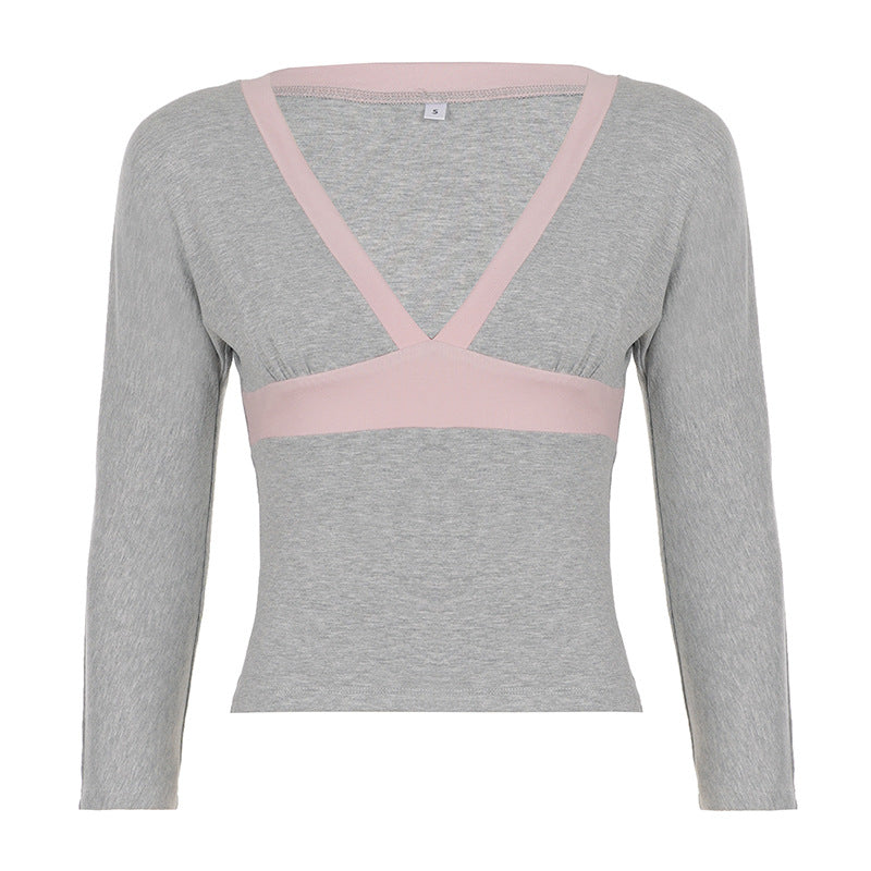 Damen Figurbetontes Langarm-Cami mit tiefem V-Ausschnitt und elastischem Unterbrustband Drune