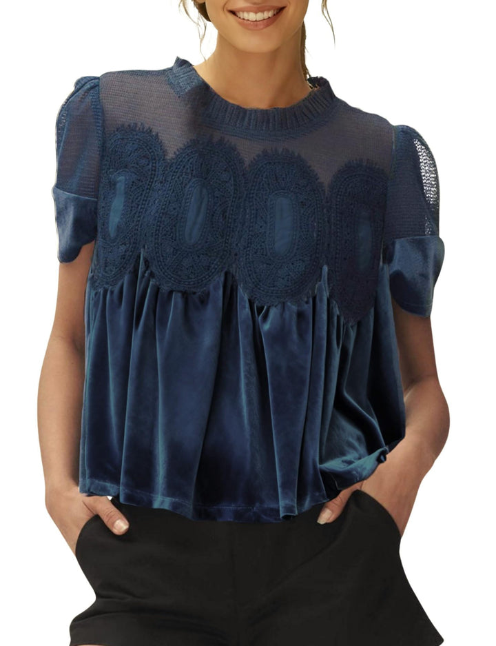 Damen Samtbluse mit Spitzenbesatz, transparentem Einsatz und geraffter A-Linie Drune