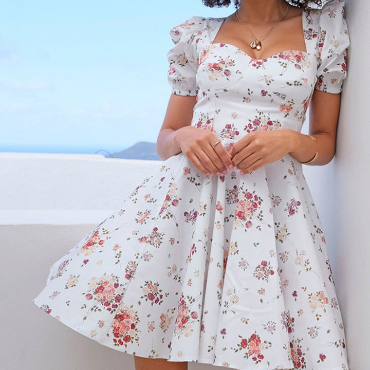 Damen Kleid mit Puffärmeln und floralem Design Drune