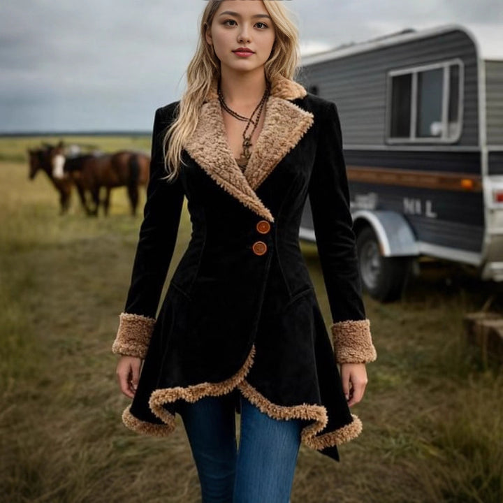 Damen Taillierter Wildleder‑Imitat‑Mantel mit Teddyfutter und ausgestelltem Saum Drune