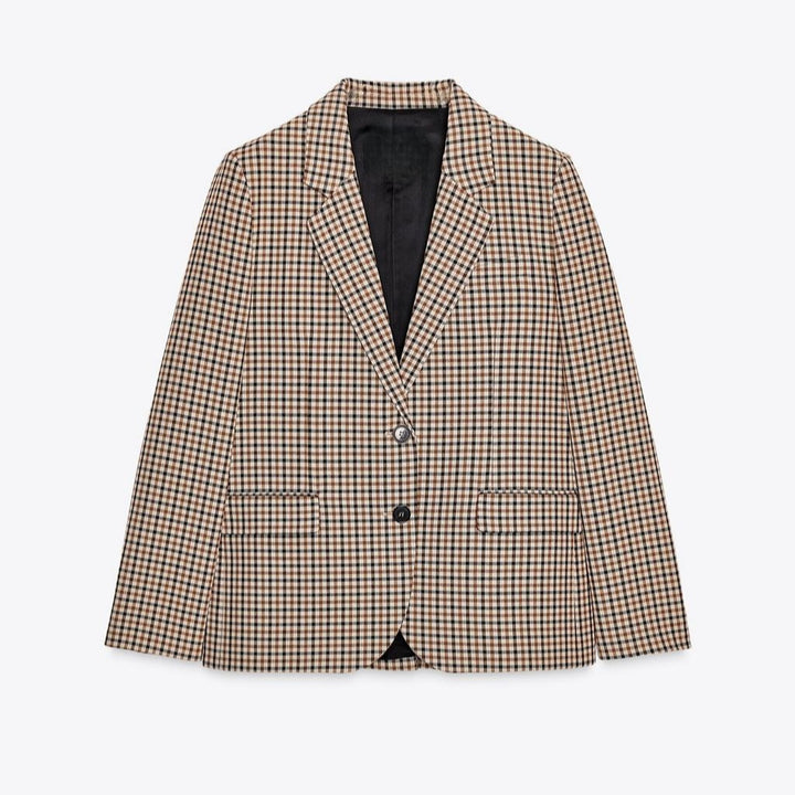 Damen Karo-Sakko im modernen Tailoring mit Reverskragen, zwei-Knopf-Verschluss und gefütterten Pattentaschen Drune