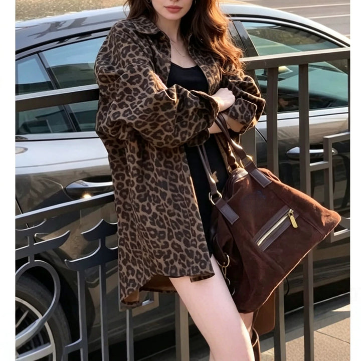 Damen Lockere Bomberjacke im Animal-Print mit Stehkragen und elastischen Bündchen Drune