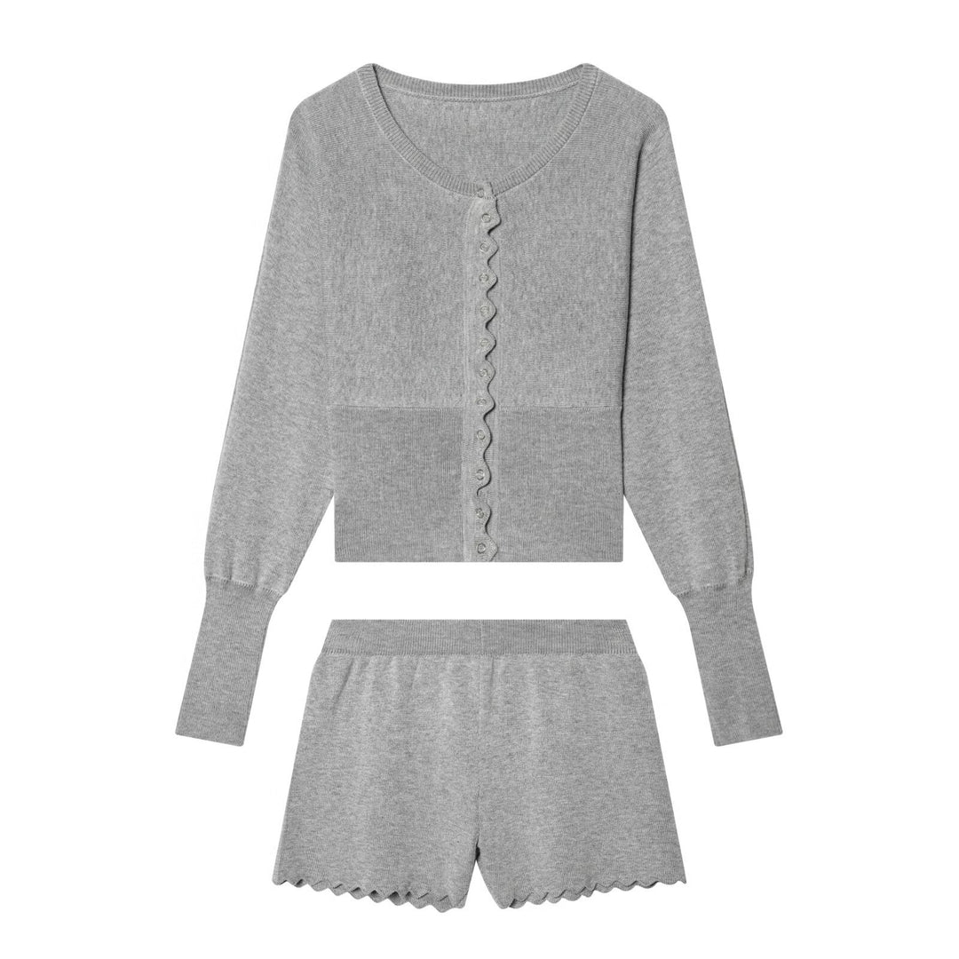 Damen Feinstrick-Cardigan-und-Shorts-Set mit Wellensaum und gerippten Bündchen Drune