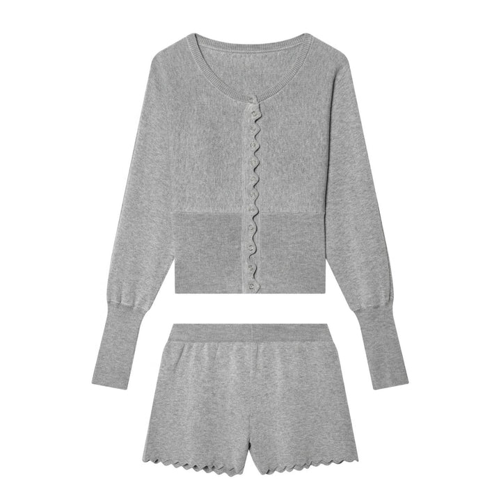Damen Feinstrick-Cardigan-und-Shorts-Set mit Wellensaum und gerippten Bündchen Drune