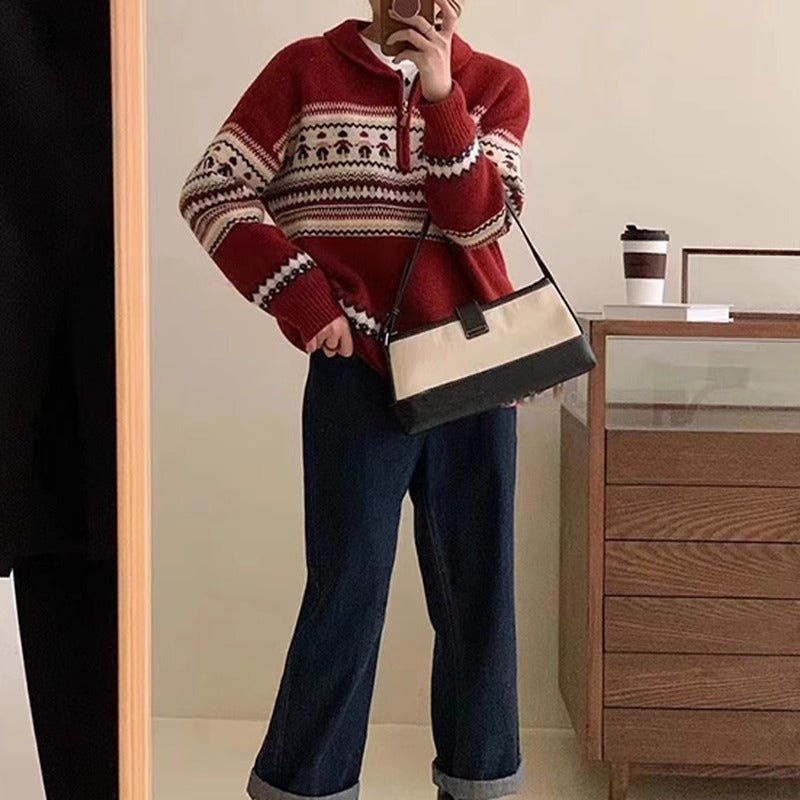Damen Grobstrickpullover mit hohem Kragen und dekorativem Norweger-Muster Drune