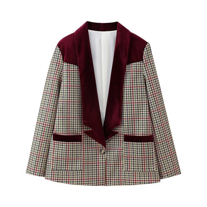 Damen nan Hahnentritt-Blazer mit Samt-Schalkragen und Pattentaschen Drune