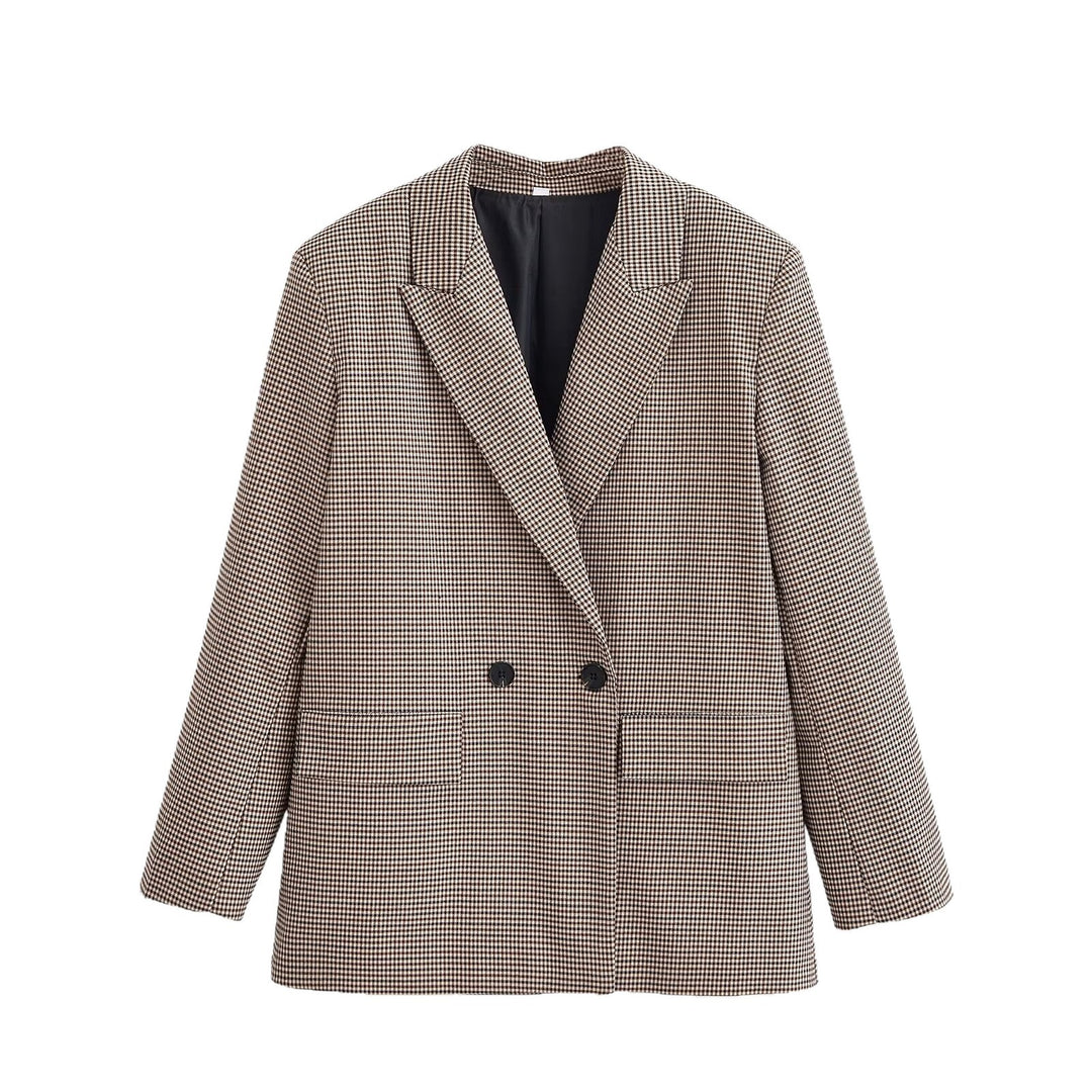 Damen Doppelreihiger Oversize-Blazer mit Hahnentritt-Check und Pattentaschen Drune