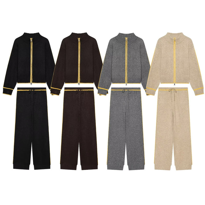 Damen Strick-Set mit Reißverschlussjacke, Stehkragen und weitem Relax-Hosenbein Drune