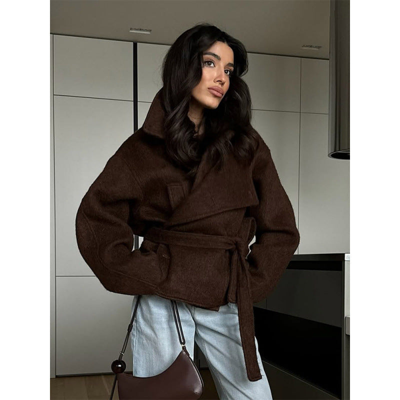 Damen Oversized Wolljacke mit modischem Gürtel und praktischem Knopfdetail Drune