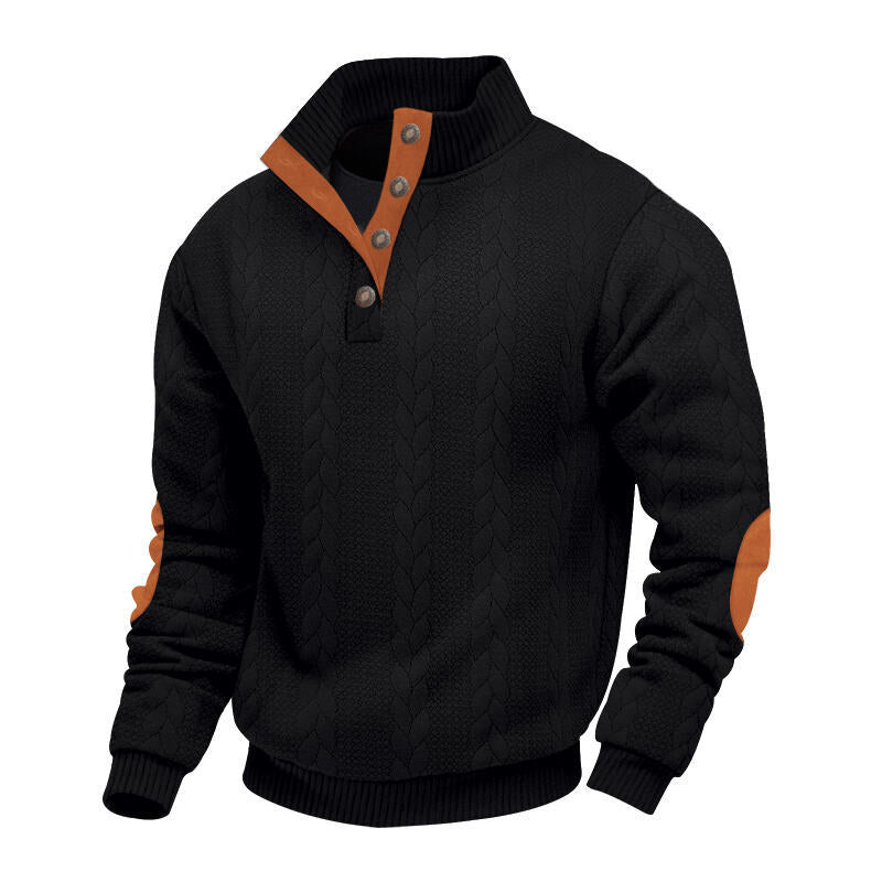 Herren nan grober Zopfstrick Troyer mit Knopfleiste und Veloursleder-Ellenbogenpatches Drune