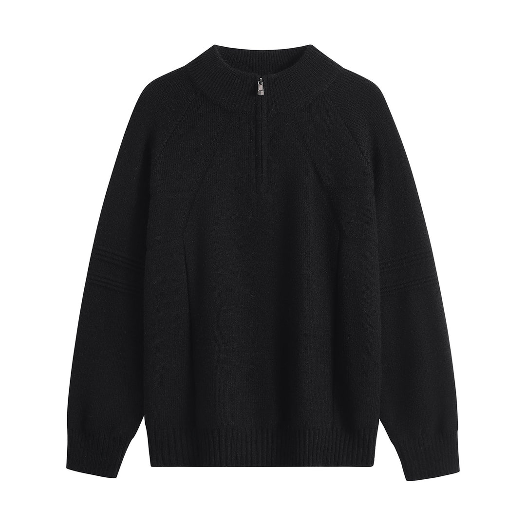 Unisex Oversize-Strickpullover mit Halbreißverschluss und geripptem Stehkragen Drune