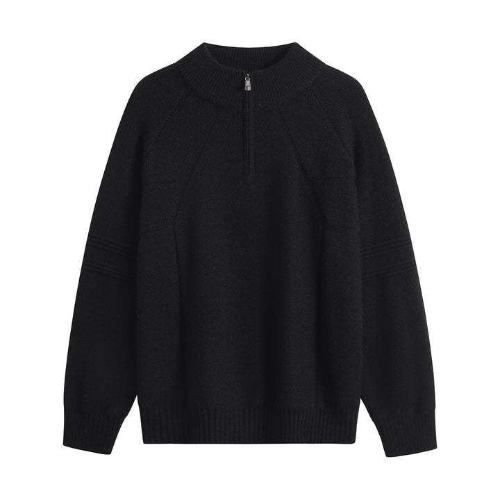 Unisex Oversize-Strickpullover mit Halbreißverschluss und geripptem Stehkragen Drune