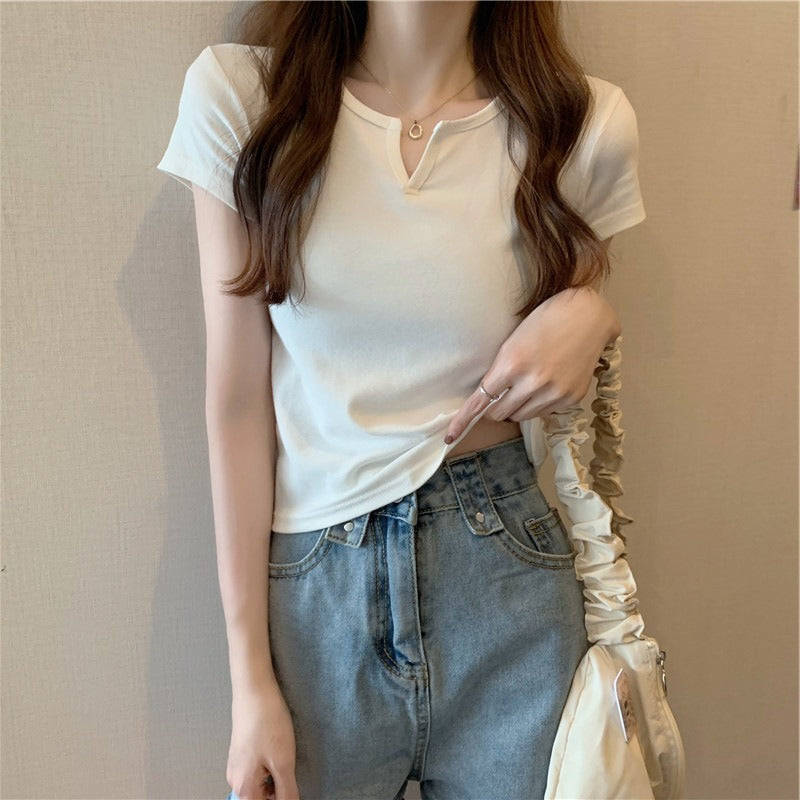 Damen Kurzarm T-Shirt mit elegantem V-Ausschnitt und modischem Detail Drune
