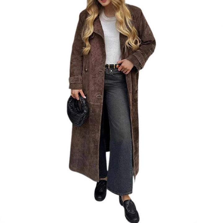Damen Langer Doppelreihiger Trenchcoat aus Veloursleder-Optik mit Taillengürtel Drune