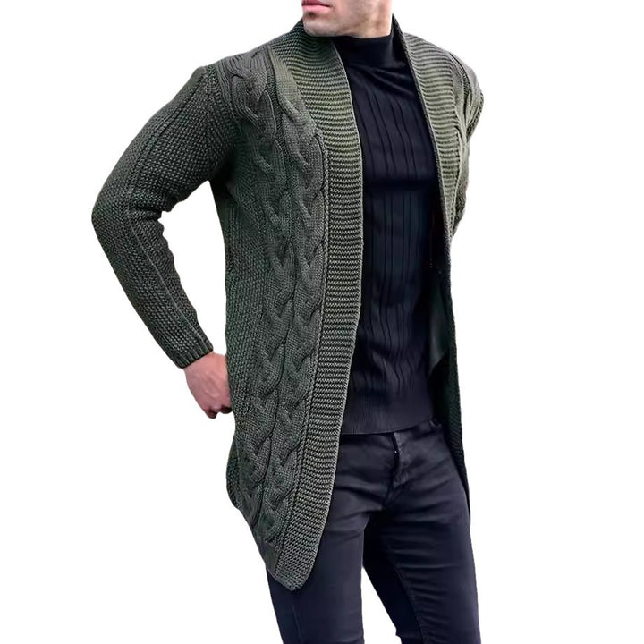 Herren Longline-Strickcardigan mit Schalkragen, Zopf- und Perlmuster Drune