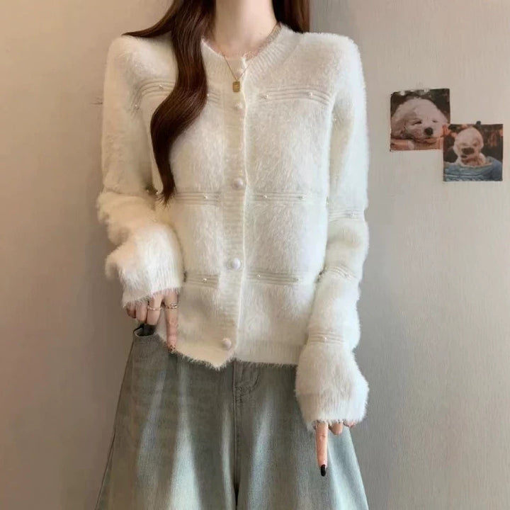 Damen Gemütlicher Strickcardigan mit Perl-Details Drune